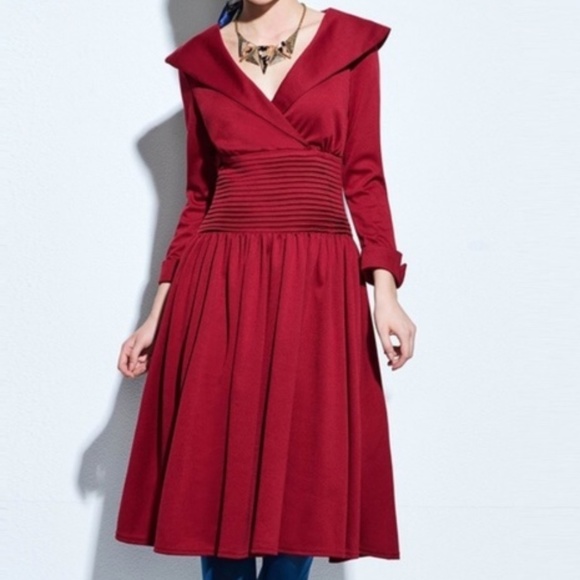 PinUp Red Vintage Style Collared Rockabilly Dress - Picture 2 of 8